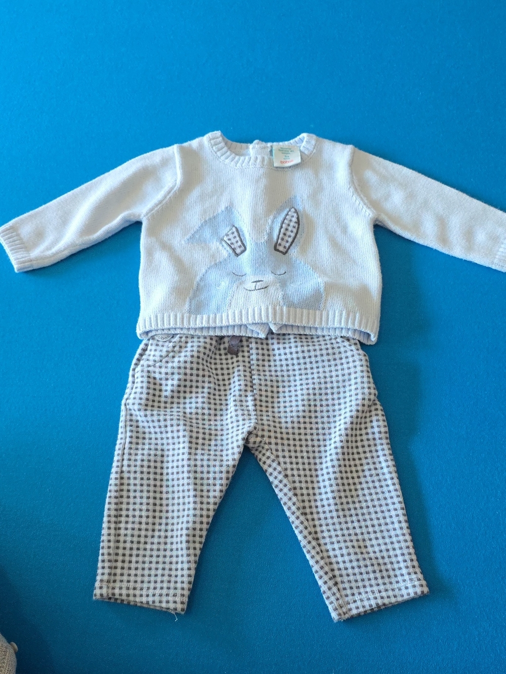 Unbranded Cream Bunny Knit Top & Gray Gingham Pants Kids Matching Set